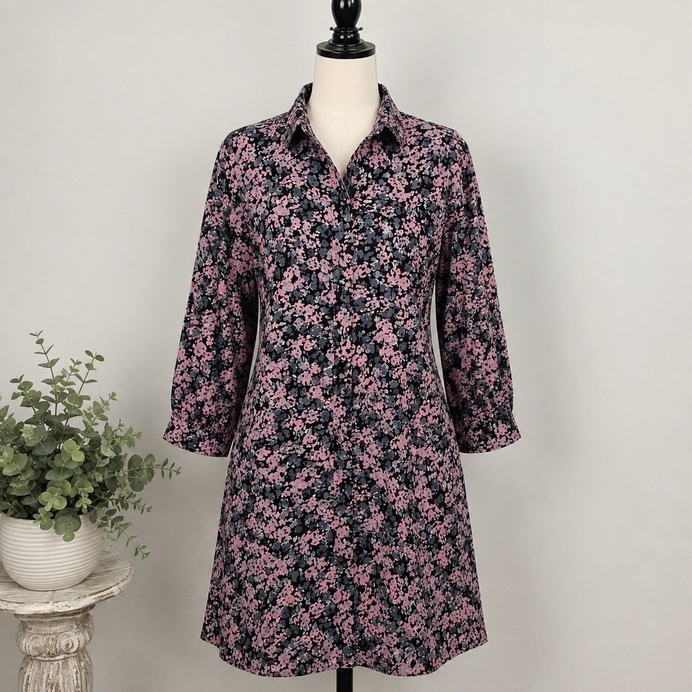 Duffield Lane Dress M Black Pink Floral 3/4 Sleeve Collared Button Front Peru